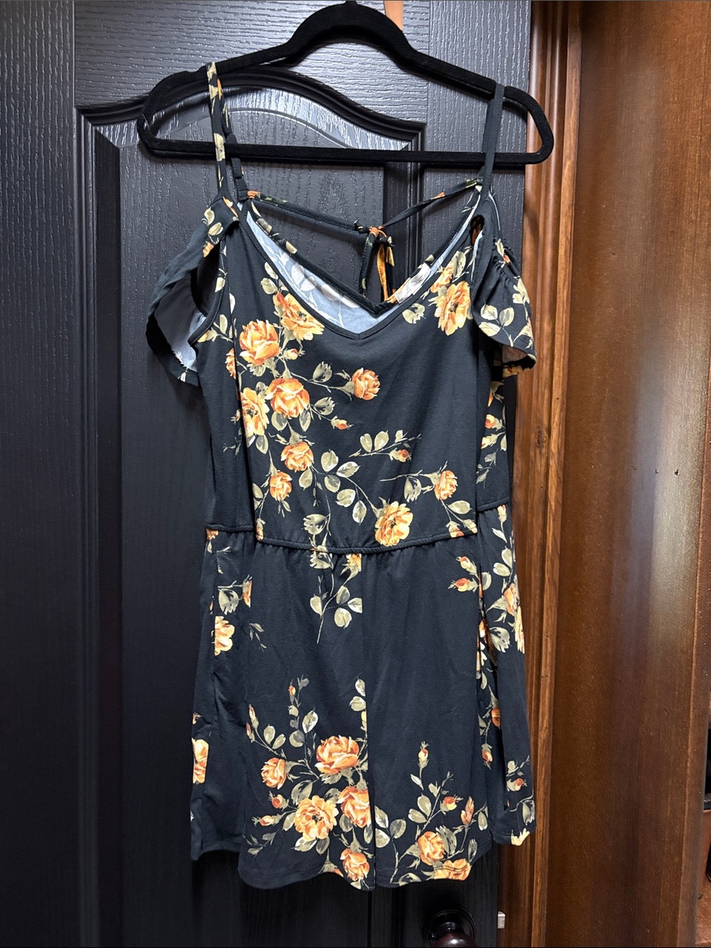 nine britton Black Mini romper (shorts) with Orange Rose Print